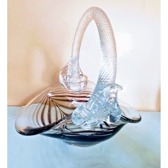 Vintage Art Glass Basket Brown Zebra Swirls 8" Tall Signed "Demarchi" 1983 - Picture 11 of 13